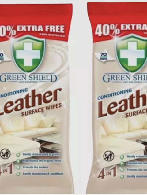 2 X 70 GREEN SHIELD LEATHER SURFACE CONDITIONING WIPES LARGE SOFA CAR BAG CHAIR